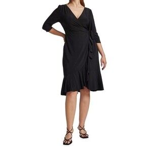 NWT Kiyonna | Whimsy Ruffle Wrap Dress 3/4 Long Sleeve‎ V Neck Black Noir S
